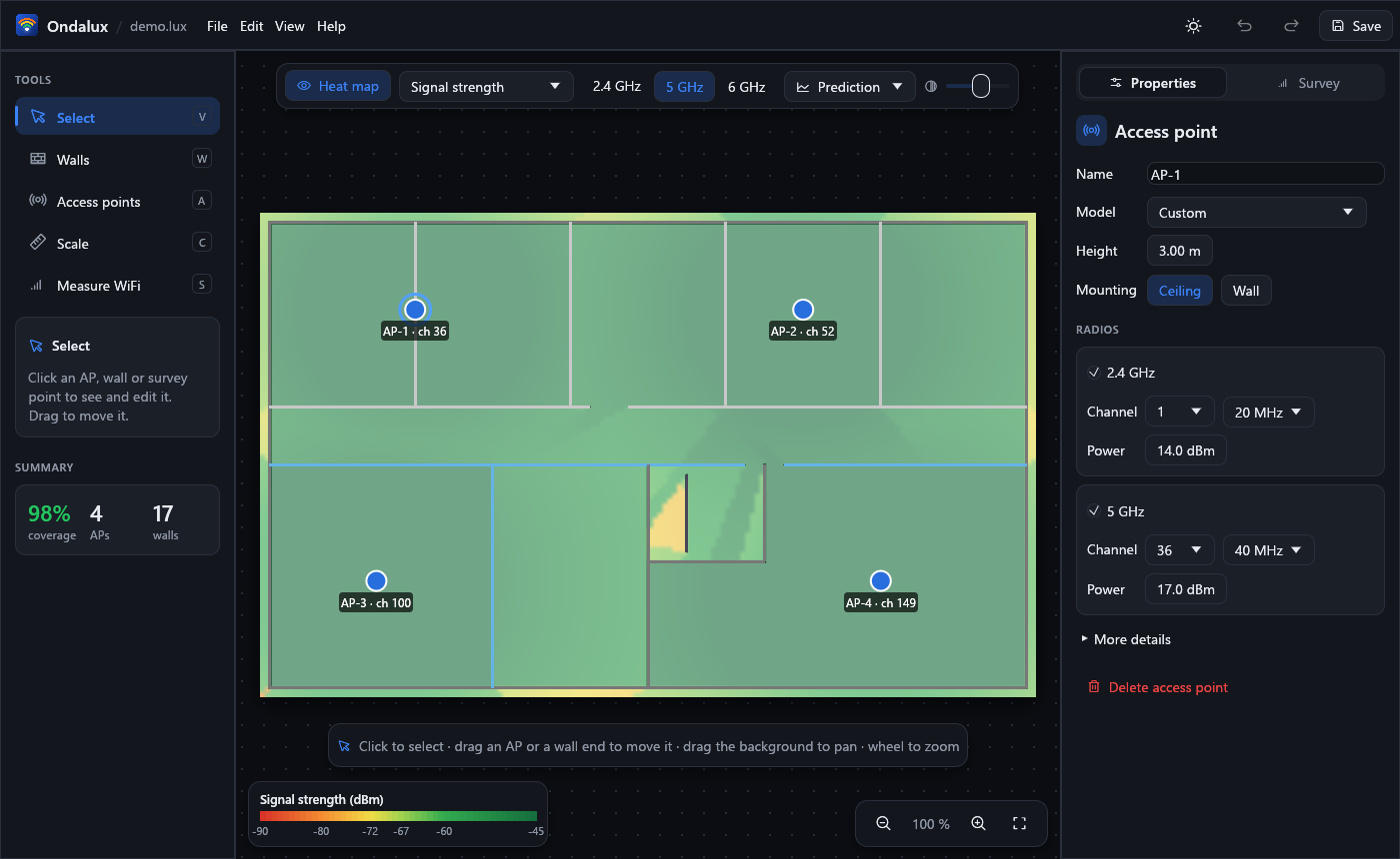 Ondalux Heatmap showing a signal heat map over an office floor plan with four access points